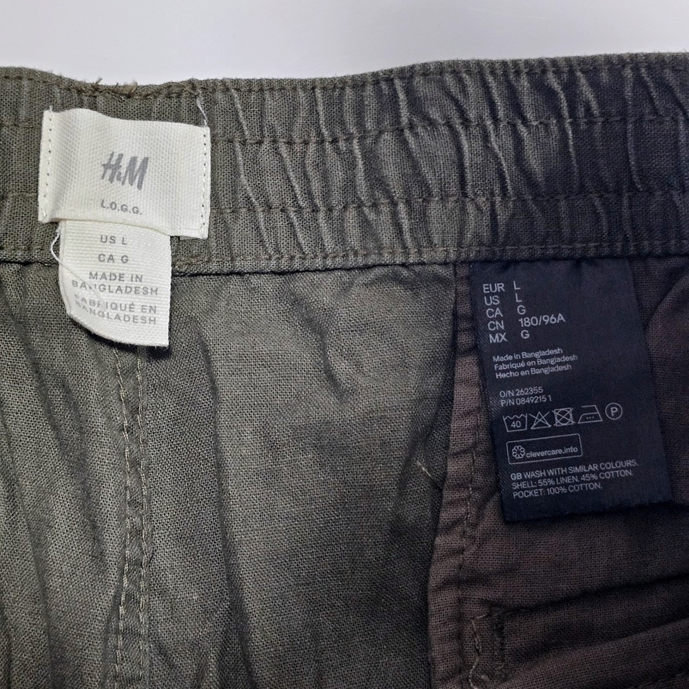 HM LOGG Mens Olive Green Linen Cotton Blend Cargo Shorts Size L Drawstring - Picture 3 of 9